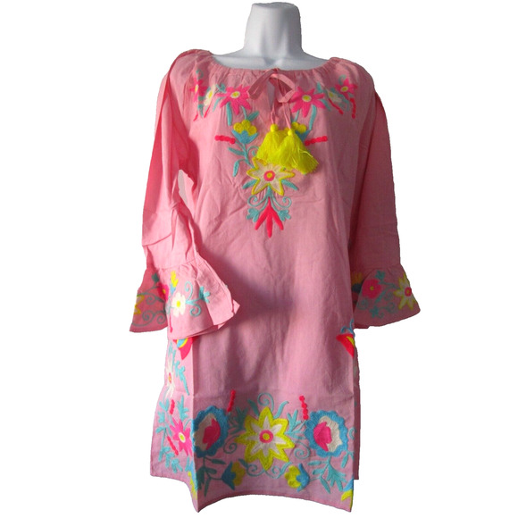 Debbie Katz Pink-Floral Embroidered Flared Sleeve Tunic Cover Up Dress XL - Picture 1 of 8
